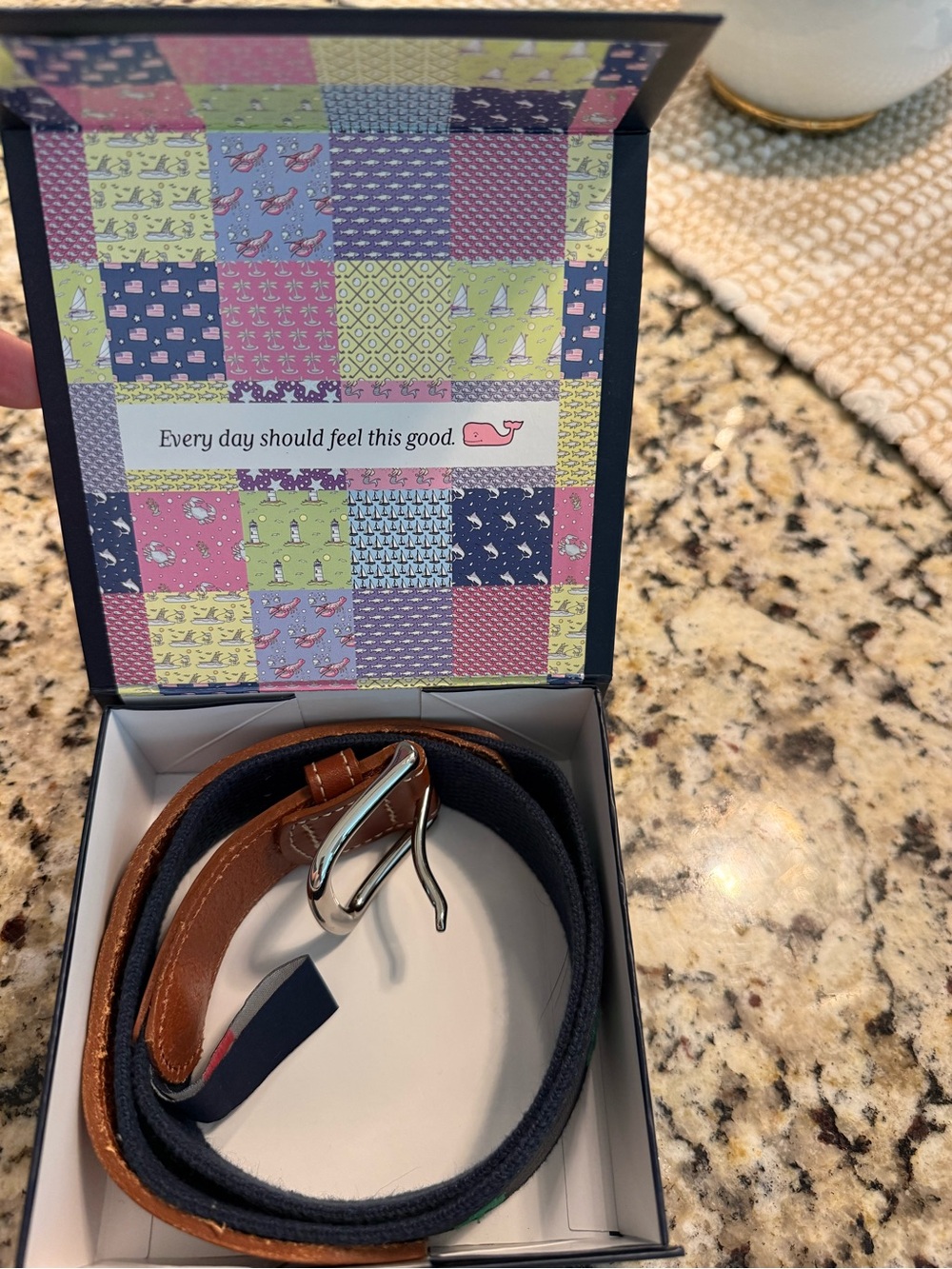 Vineyard Vines Navy Belt with Tan Leather Tip